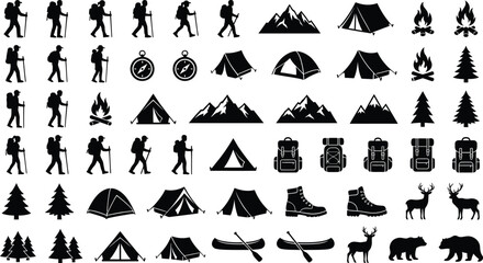 Fototapeta premium Collection of black silhouette for camping, hiking, and outdoor adventure