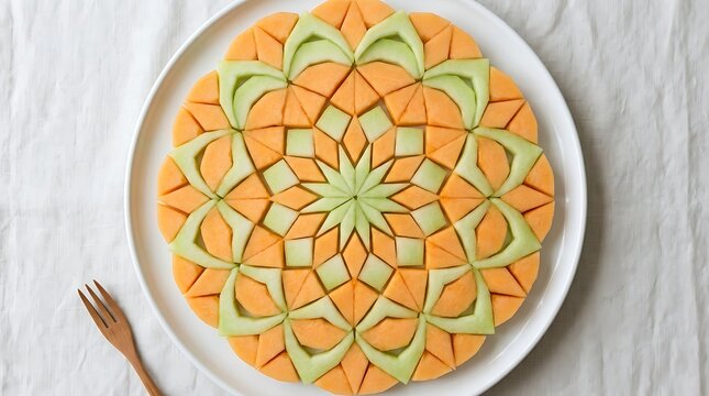 A vibrant arrangement of sliced melons on a plate forms a intricate geometric pattern.
