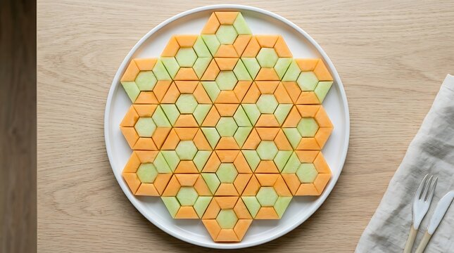 A plate of assorted orange and green food on a wooden table