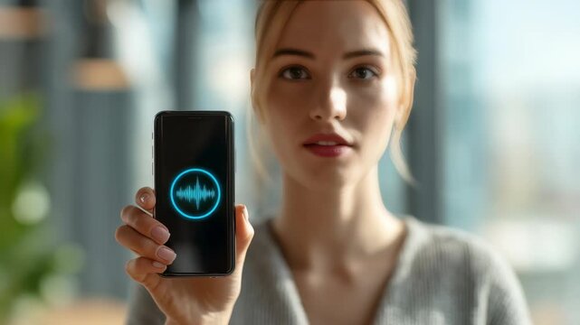 Portrait of serene woman using voice assistant on her smartphone in a bright, modern interior. The glowing soundwave icon on the screen emphasizes futuristic communication and smart technology
