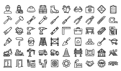 Naklejka premium Labor and Construction Outline Icons Set Editable Stroke Worker Tools Renovation Vector Collection