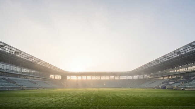 Sunrise over an empty stadium with green grass and seating