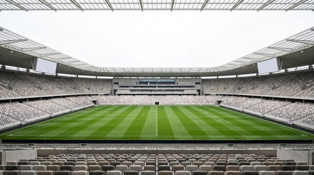 The empty stadium seats surround a green grass field with white lines under a large roof.