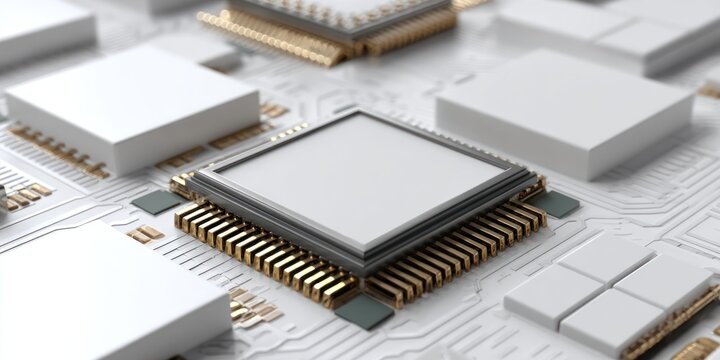 Close up of computer processors and circuit board components technology background