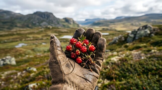 Hand holding red cloudberries in a scenic mountain landscape with a glove