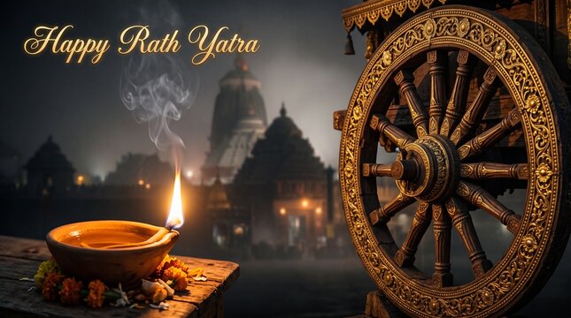 Happy rath yatra greeting card with oil lamp and chariot wheel