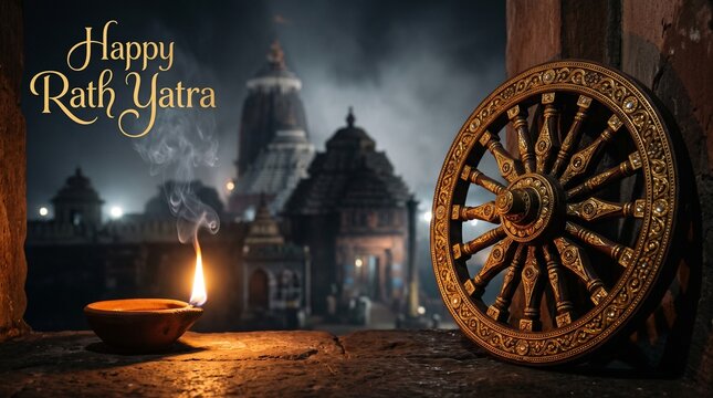 Happy rath yatra greeting card with oil lamp and chariot wheel