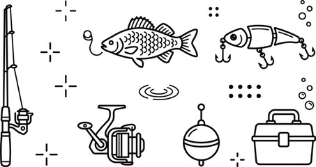 Minimalist fishing icon set featuring line art illustrations of rod reel fish lure bobber and tackle box gear © S O H A G