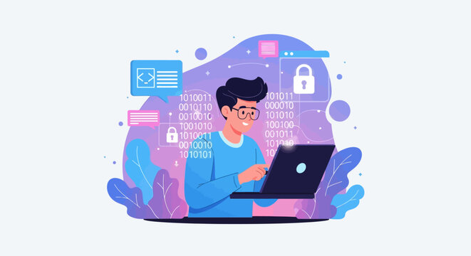 Man working on laptop with digital security icons and binary code.