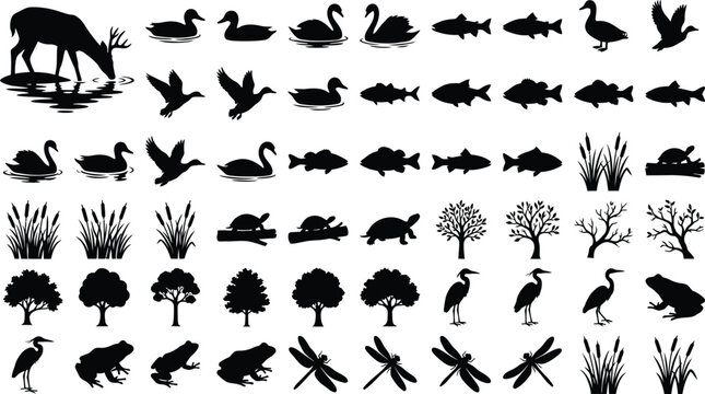 Collection of black silhouettes of wildlife, plants, and trees on white background, deer drinking water