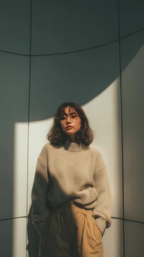 A stylish female model poses confidently in soft natural light, casting artistic shadows on a contemporary background. The scene captures modern fashion trends and a relaxed, sophisticated vibe