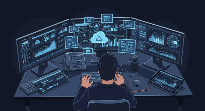 Man working on multiple computer screens with data and cloud graphics.