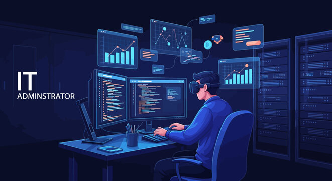 IT administrator working on computer servers with data visualizations.