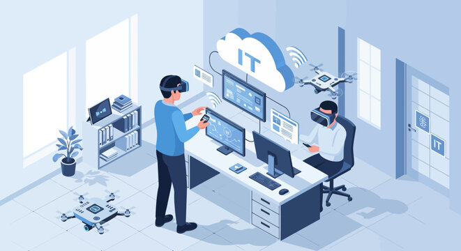People using virtual reality headsets in an IT office with drones and cloud technology.