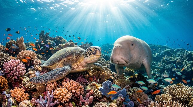 Sea turtle and dugong swimming over vibrant coral reef