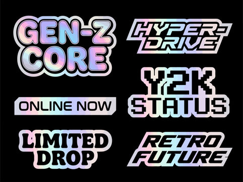 Holographic sticker typography set featuring retro futuristic gen z slogans with iridescent gradient effects isolated on black background design elements