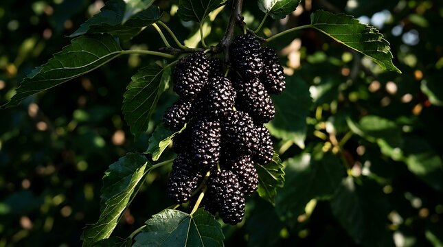 Fresh mulberries hang on a leafy branch in a natural setting outdoors
