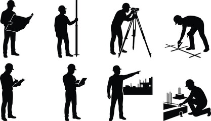 Fototapeta premium Construction Worker Silhouette Collection Featuring Surveying Inspection and Building Site Activity Vector Set