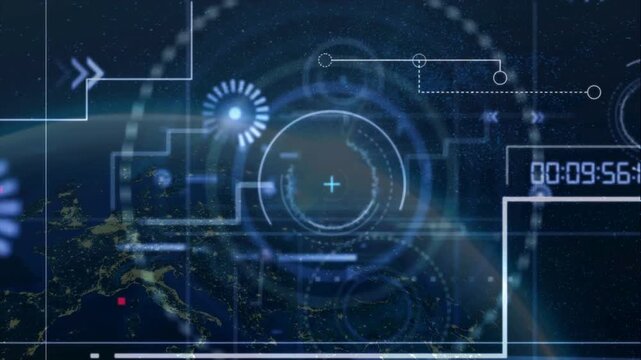Futuristic  interface over earth globe loop. Advanced global data tracking, technology visualization and satellite telemetry screen display.