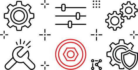 Obraz premium Minimalist mechanical engineering settings icon set featuring line art illustrations of gears wrench sliders nut and shield symbols