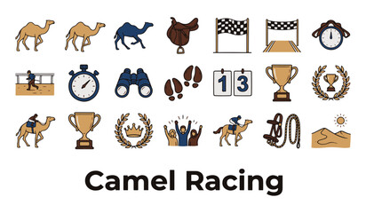 Fototapeta premium Set of Camel Racing Icons. Outline Line Art Vector Illustration Collection with Text 'Camel Racing'.