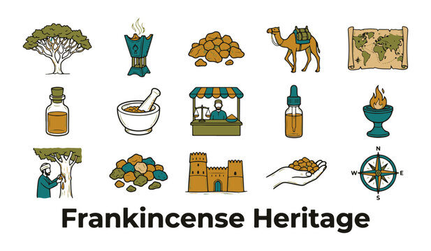 Frankincense Heritage Hand Drawn Icon Set with Traditional Arabic Culture and Natural Resin Symbols Vector