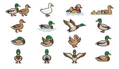 Cute Duck Species Vector Set Featuring Mallard Domestic and Mandarin Birds in Multiple Poses © Siburoy