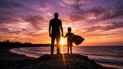 Fototapeta premium Father and son silhouetted against a vibrant sunset at the beach, the child wearing a superhero cape.