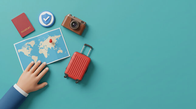 Passport map hand luggage camera travel journey trip insurance protection plans suggest safe trip. Management policy assurance. global coverage risk security shield, service safety travel
