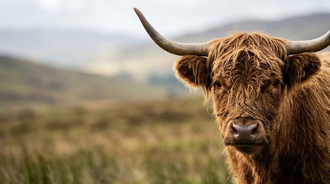 Portrait of a shaggy highland cow with large curved horns in a field
