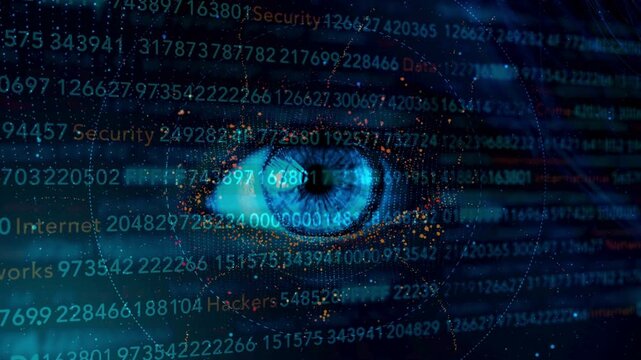 Cyber security eye concept scanning digital code numbers with crime and network text overlays.