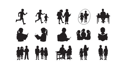 Fototapeta premium Set of black silhouettes of children playing reading and studying isolated on white background for graphic design.