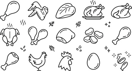 Minimalist raw and cooked chicken meat icon set featuring line art illustrations of drumstick wing breast nuggets egg rooster © S O H A G
