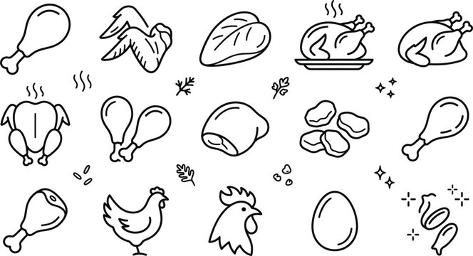 Minimalist raw and cooked chicken meat icon set featuring line art illustrations of drumstick wing breast nuggets egg rooster