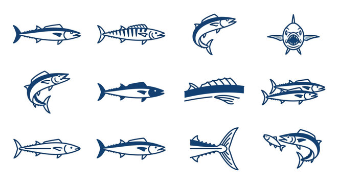 Game fish and shark line icons.