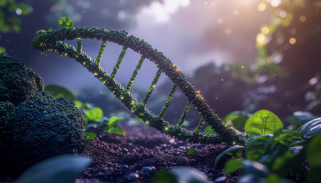 dna helix, 3D rendering of double helix DNA strand floating over green vegetable leaves, symbolizing plant biotechnology, genetic modification, agricultural science, and genome sequencing