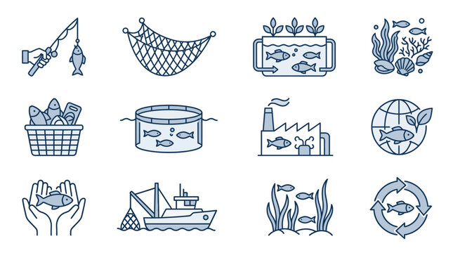 Inland aquaculture and pond management icons