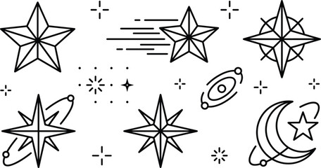 Minimalist space and astronomy icon set featuring line art illustrations of shooting stars compass crescent moon and galaxy orbit © S O H A G