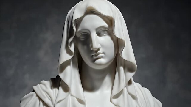 Marble Sculpture of a Veiled Woman - This is a close-up shot of a white marble sculpture depicting a woman with a veil covering her head.