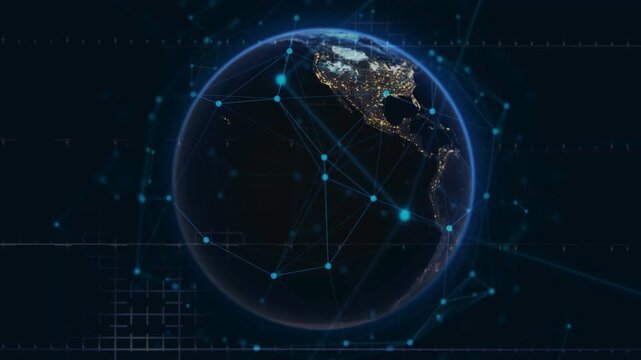 Rotating earth globe surrounded by glowing digital blue network communication lines and connection nodes.