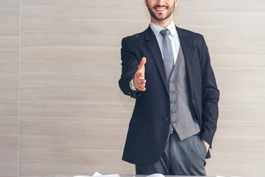 Portrait caucasian man businessman smiling face confident leader manager in meeting rooom office desk. Caucasian handsome man success look away thinking poses. Happy positive Handsome CEO