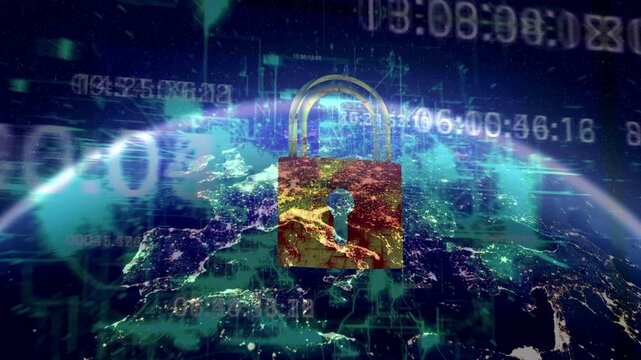 Global cyber security concept featuring a digital padlock over the earth planet with network data codes.