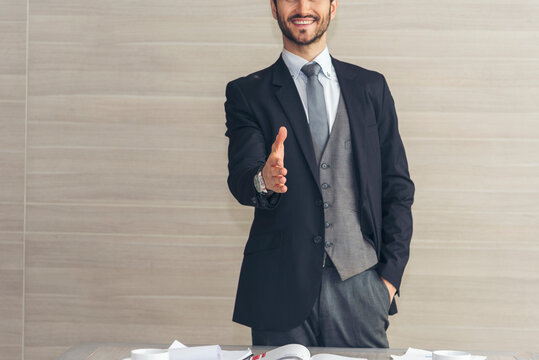 Portrait caucasian man businessman smiling face confident leader manager in meeting rooom office desk. Caucasian handsome man success look away thinking poses. Happy positive Handsome CEO