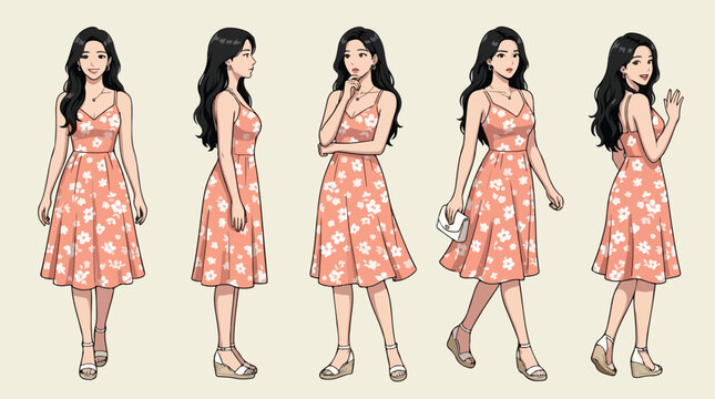 Woman character design sheet in colorful flat style