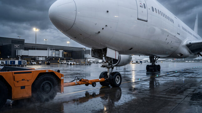 Widebody Aircraft Pushback Operation on Rainy Airport Apron