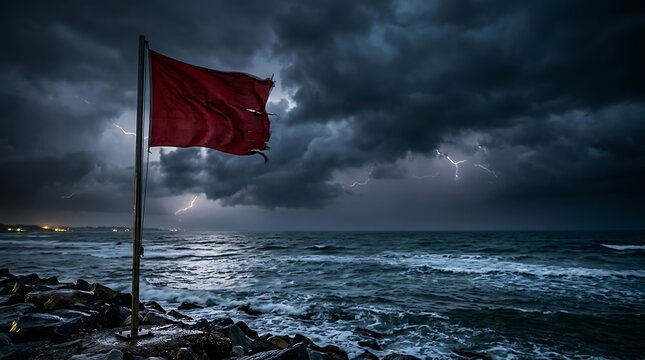 Red warning flag waving in a lightning storm at sea