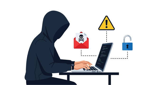 Anonymous hooded hacker using a laptop to perform malicious cyber attacks with dangerous phishing email alerts