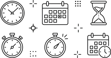Fototapeta premium Minimalist time management icon set featuring line art illustrations of clock calendar hourglass stopwatch timer and schedule planner