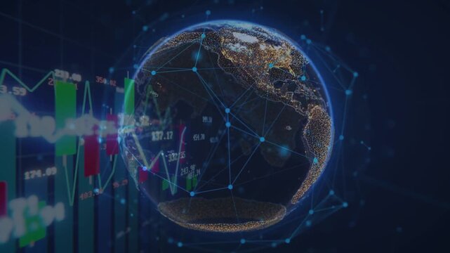 A digital globe with connection lines combined with a financial stock bar chart. Concept of international global economy.