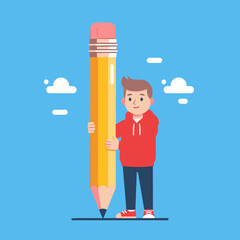 A cartoon boy holding a giant pencil.